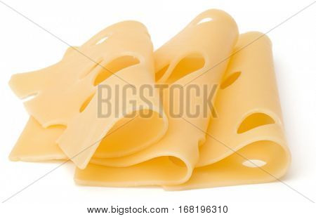 three Cheese slices isolated on white background.