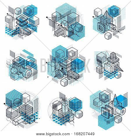 Abstract Backgrounds With Isometric Lines, Vector Illustrations. Templates Made With Cubes, Hexagons