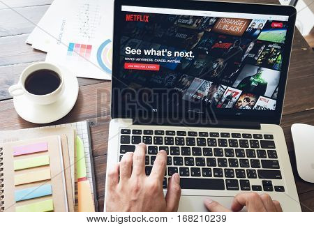 BANGKOK THAILAND - march 5 2017 : Netflix app on Laptop screen. Netflix is an international leading subscription service for watching TV episodes and movies.