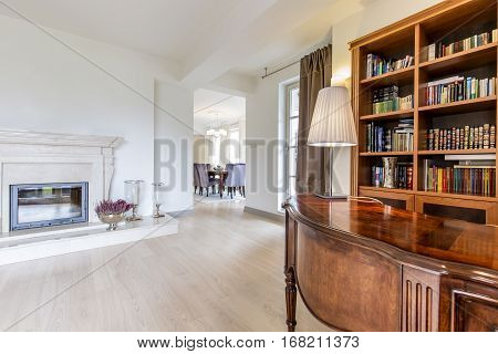 Elegant Office With Hardwood Desk And Bookcase