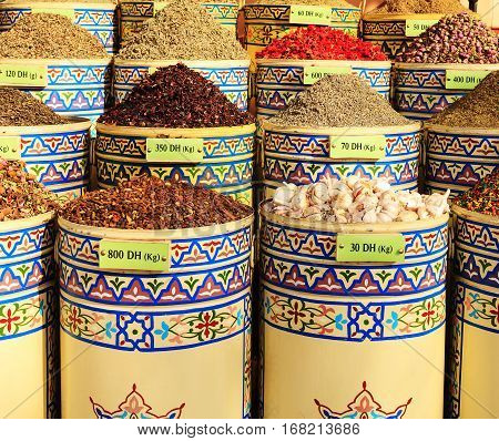 Street market in Marrakech, Morocco. Spices and tea