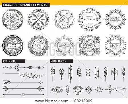 DESIGN ELEMENTS TEMPLATES FOR YOUR BRANDING PROJECTS. Arrows, labels, ribbons, calligraphy swirls, ornaments, symbols, icons, dividers and other. Logo design. Geometric lines style. Editable vector.