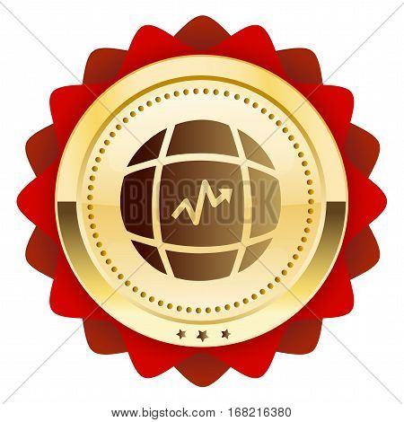 global trading seal or icon with arrow symbol. Glossy golden seal or button red color.