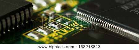 Electronic circuit board. CPU and memory chips