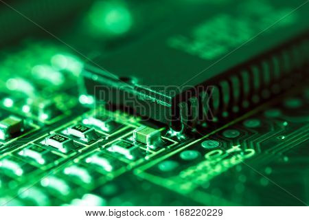 Electronic circuit board. CPU and memory chips
