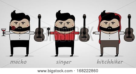 vector illustration cartoon man with beard with guitar macho singer tourist