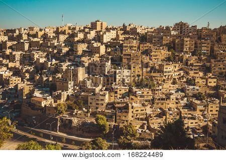 Photo of the Historic center of Amman, Jordan. Urban landscape. Residential area. Arabic architecture. Eastern city. Travel concept
