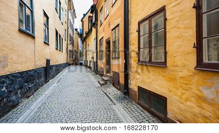 narrow street Prastgatan (Priest's street) in Old Town Galma Stan of Stockholm city