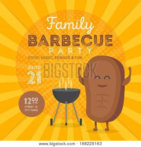 Family Bbq Party Invitation Template. Cute Steak Character Barbecue Time. Retro Background Vector Il