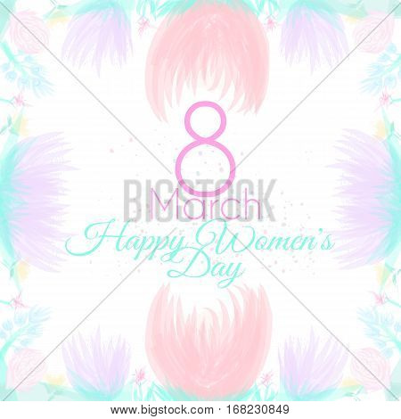 March postcard of International Women's Day with flowers. Vector Illustration. Beautiful flowers decorated greeting card design for Women's Day celebration.