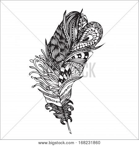 Ethnic Feather On A White Background. Vintage Artistically Hand