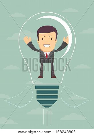 Businessman are flying with lightbulb idea. Stock vector illustration