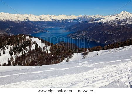 nice viewscape of lecco lake from mountain of san primo,italy