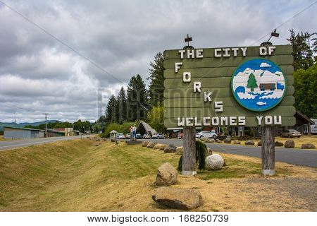 Forks, Washington - June 22, 2015: The welcome sign of Forks, the city known from the Stephenie Meyer's vampire saga 