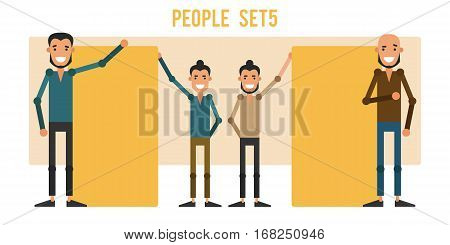 Set of funny people 5 isolated on a white background. Different gestures and styles of clothes. Icons of guys in flat style. Vector illustration.