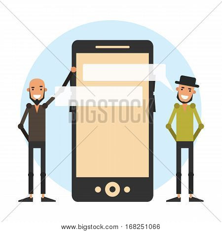 Advertising a fashion app for the smartphone. Cartoon hipsters in flat style. Vector illustration on a white background.