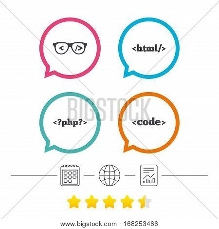Programmer coder glasses icon. HTML markup language and PHP programming language sign symbols. Calendar, internet globe and report linear icons. Star vote ranking. Vector