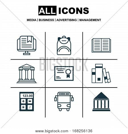 Set Of 9 School Icons. Includes Electronic Tool, Haversack, College And Other Symbols. Beautiful Design Elements.