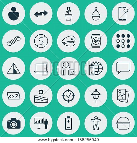 Set Of 25 Universal Editable Icons. Can Be Used For Web, Mobile And App Design. Includes Elements Such As Messaging, Navigation Arrows, Camping House And More.