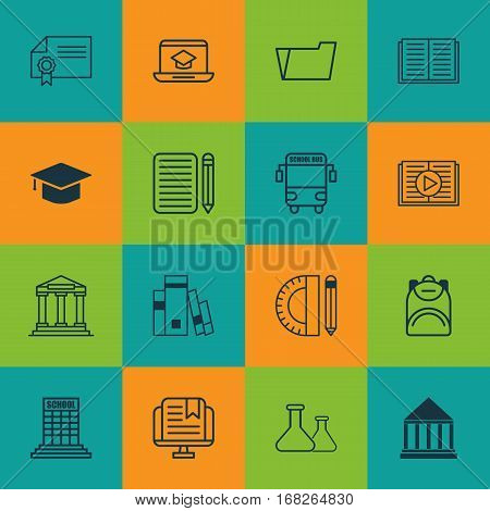 Set Of 16 Education Icons. Includes Haversack, Education Tools, Academy And Other Symbols. Beautiful Design Elements.