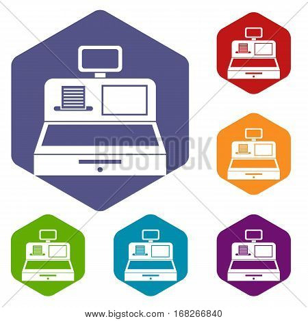 Cash register with cash drawer icons set rhombus in different colors isolated on white background