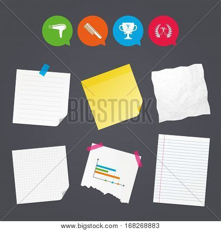 Business paper banners with notes. Hairdresser icons. Scissors cut hair symbol. Comb hair with hairdryer symbol. Barbershop laurel wreath winner award. Sticky colorful tape. Speech bubbles with icons