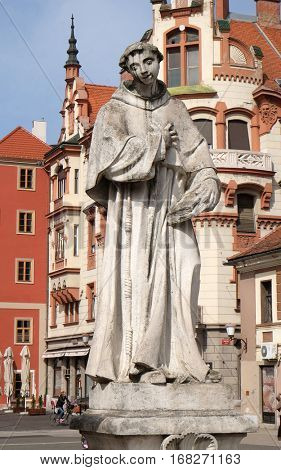 MARIBOR, SLOVENIA - APRIL 03: Saint Anthony of Padua statue, Plague column at Main Square of the city of Maribor in Slovenia, Europe. Historical religious sculpture, April 03, 2016.