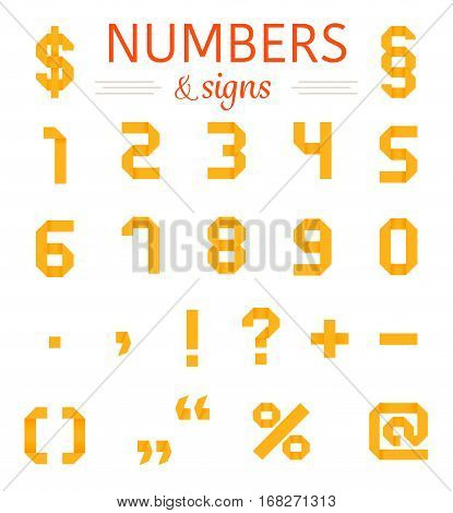 Origami numbers and signs set. Vector illustration. Folded paper numbers for your designs on the white background.