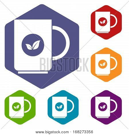 Cup of tea icons set rhombus in different colors isolated on white background