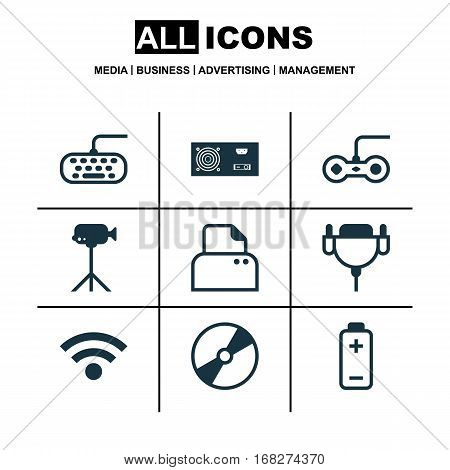 Set Of 9 Computer Hardware Icons. Includes Battery, File Scanner, Wireless And Other Symbols. Beautiful Design Elements.