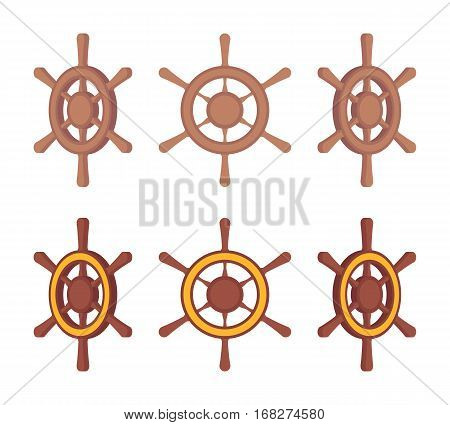 Set of wooden ship steering wheels for water vessel in different sides isolated against white background, device for boat, decoration navy element, leadership and new course in business navigation