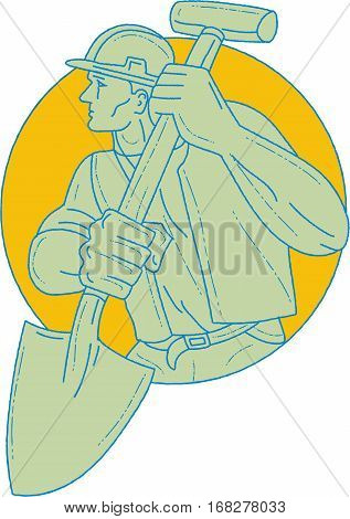 Drawing sketch style illustration of a construction worker wearing hard hat holding shovel looking to the side set inside circle on isolated background.