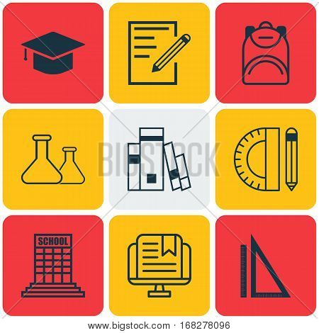 Set Of 9 School Icons. Includes Haversack, Chemical, Measurement And Other Symbols. Beautiful Design Elements.