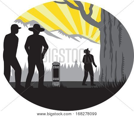 Ilustration of trampers campers and a mile marker with one tramper looking up towards a giant treeset inside oval shape with mountain and sunburst in the background done in retro woodcut style.