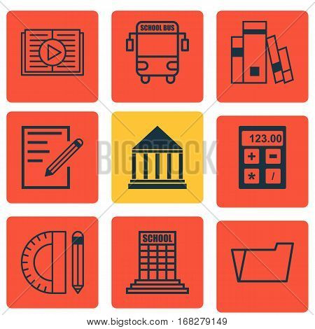 Set Of 9 School Icons. Includes Education Center, Library, Document Case And Other Symbols. Beautiful Design Elements.