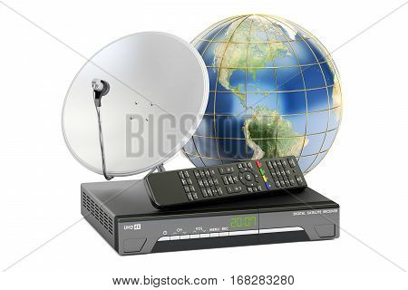 Global telecommunications concept. Digital satellite receiver with satellite dish and Earth 3D rendering