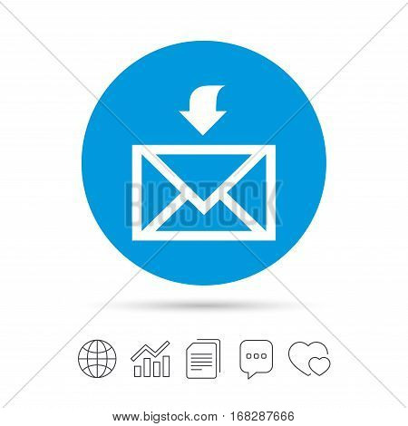 Mail receive icon. Envelope symbol. Get message sign. Mail navigation button. Copy files, chat speech bubble and chart web icons. Vector