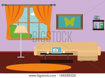 Stylish comfortable room interior with sofa, lamp, window. Flat style vector illustration.