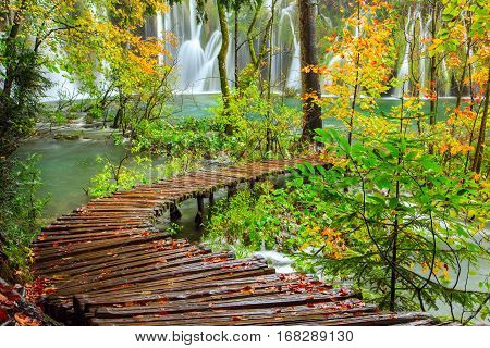 Wooden Tourist Path In Plitvice Lakes National Park