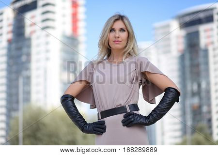 beautiful young woman posing outdoors