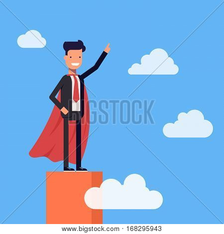 Super businessman or manager standing on the top of the graph. Superman high in the sky among the clouds. Vector, illustration EPS10