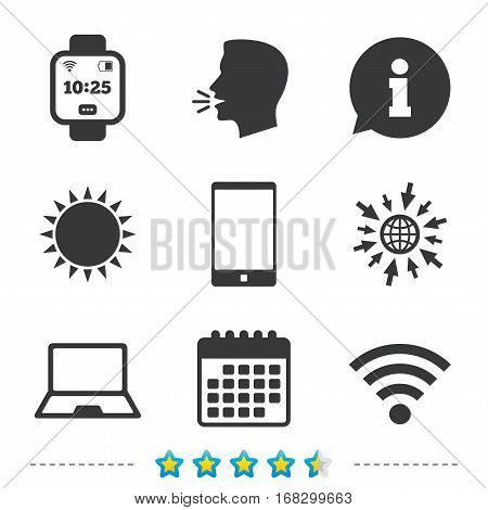 Notebook and smartphone icons. Smart watch symbol. Wi-fi and battery energy signs. Wireless Network symbol. Mobile devices. Information, go to web and calendar icons. Sun and loud speak symbol. Vector