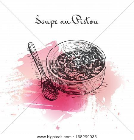 Soupe au Pistou watercolor effect illustration. Vector illustration of French cuisine.