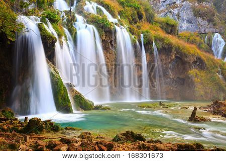 Beautiful Waterfall At Plitvice National Park