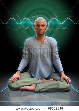 Young man meditating with some brainwaves going through his head. 3D illustration.