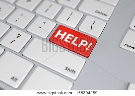 Help red button on white keyboard. Assistance concept image. 3D rendering.