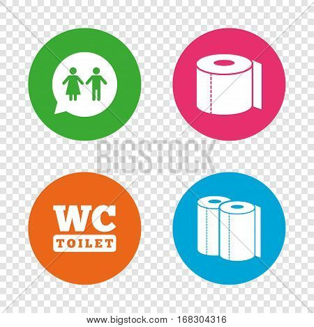 Toilet paper icons. Gents and ladies room signs. Paper towel or kitchen roll. Man and woman symbols. Round buttons on transparent background. Vector