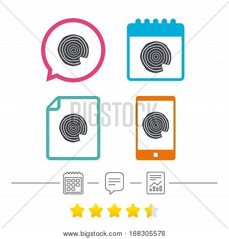 Wood sign icon. Tree growth rings. Tree trunk cross-section with nick. Calendar, chat speech bubble and report linear icons. Star vote ranking. Vector