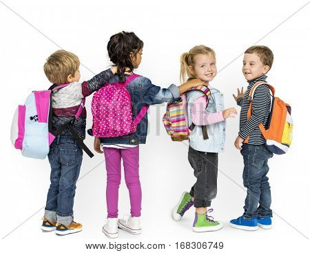 Little Children Carrying Backpack School