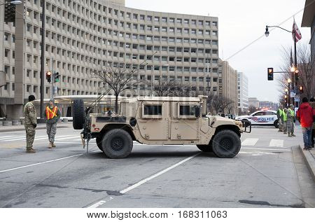 WASHINGTON DC - JANUARY 20: 74th National Guard Troop Command Vehicle parked for Inauguration of Donald Trump. Taken January 20 2017 in District of Columbia.
